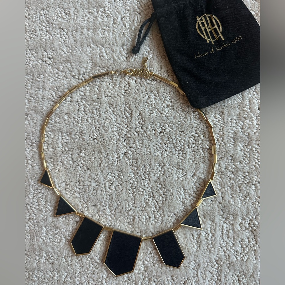 House of Harlow 1960 Black Leather & Gold Geometric Necklace